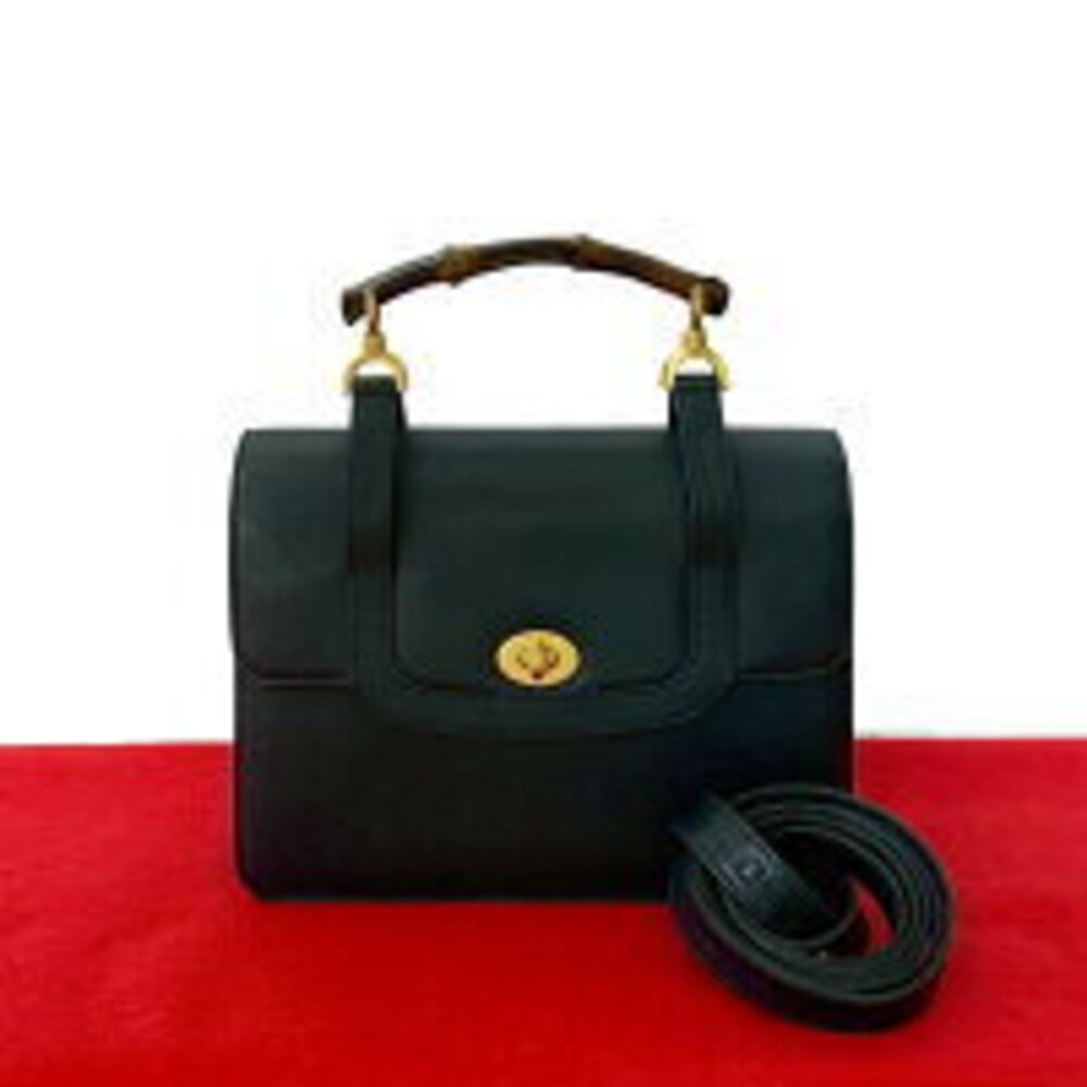 GUCCI bamboo turnlock leather handbag shoulder bag Navy Blue